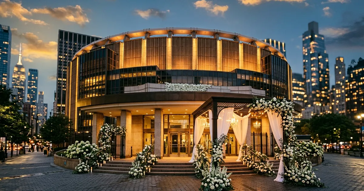 Madison Square Garden exterior at dusk decorated with white floral arrangements and canopy for wedding celebration