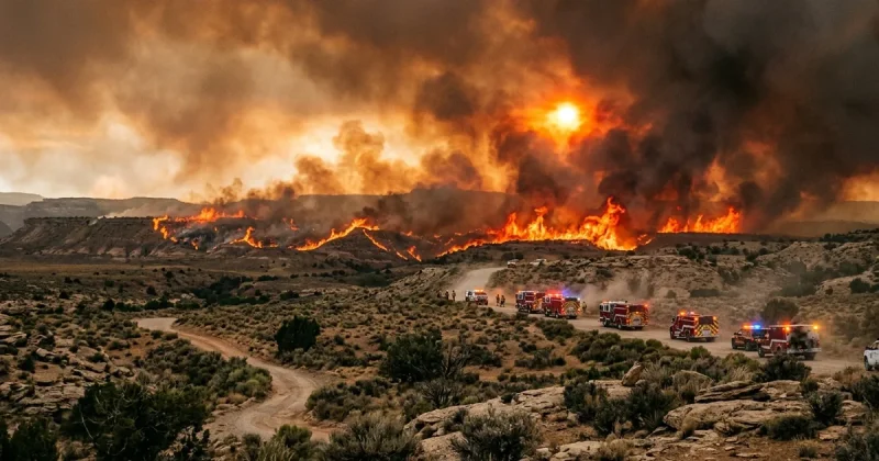 Massive wildfire burning across arid mesa landscape at the Colorado-Utah border with fire trucks and emergency vehicles responding along a dirt road