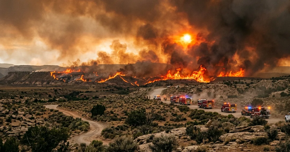 Massive wildfire burning across arid mesa landscape at the Colorado-Utah border with fire trucks and emergency vehicles responding along a dirt road