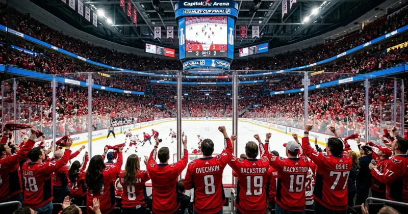 Packed hockey arena with fans in red jerseys on their feet during a Stanley Cup Final game
