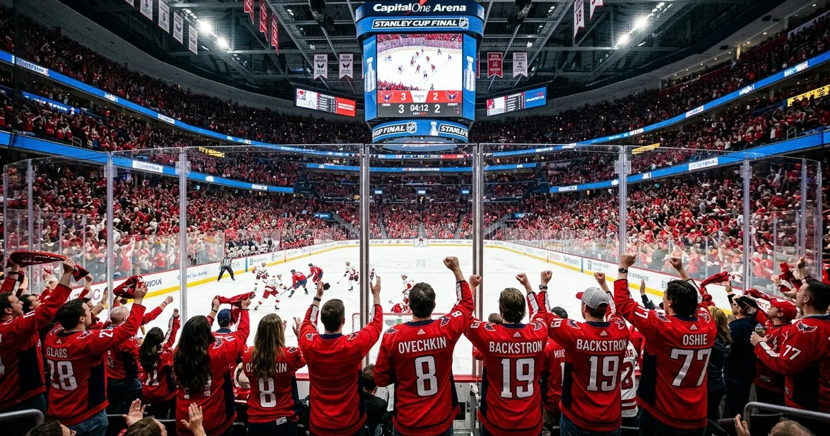 Packed hockey arena with fans in red jerseys on their feet during a Stanley Cup Final game