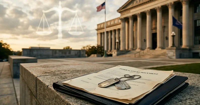 Federal courthouse with scales of justice and military dog tags on legal documents at golden hour