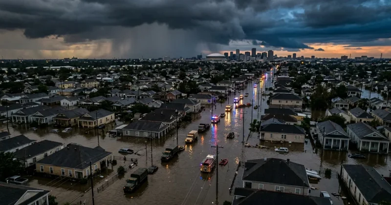 Aerial view of flooded residential streets in a Gulf Coast neighborhood with emergency vehicles and dark storm clouds overhead