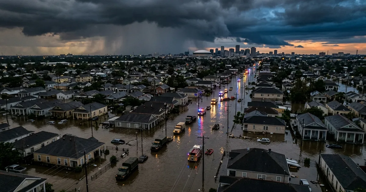 Aerial view of flooded residential streets in a Gulf Coast neighborhood with emergency vehicles and dark storm clouds overhead