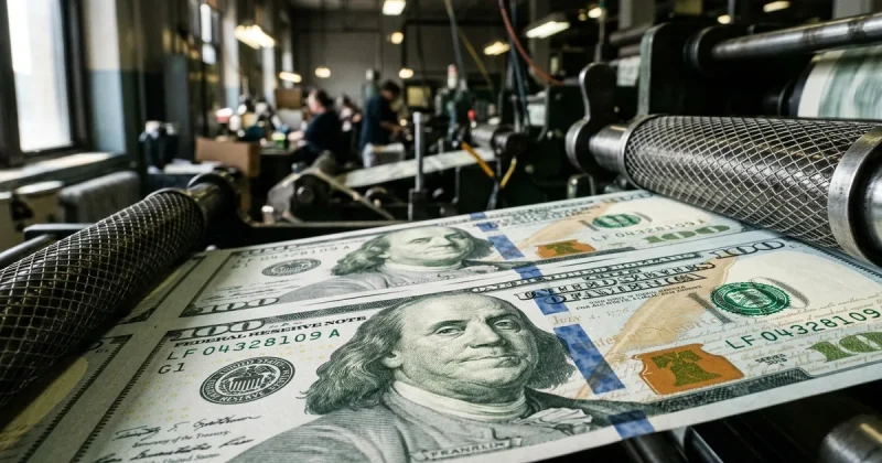 Close-up of US currency being printed on a high-security printing press with intricate engraving details