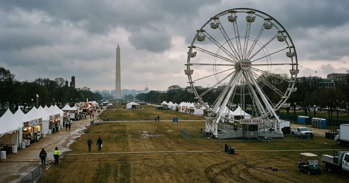 A nearly empty National Mall fairground with an idle Ferris wheel, muddy grass, and closed vendor tents under an overcast sky, the Washington Monument hazy in the distance