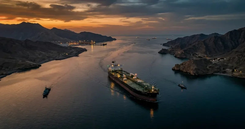 Aerial view of an oil supertanker escorted by patrol boats transiting a narrow strait at dusk between mountainous coastlines