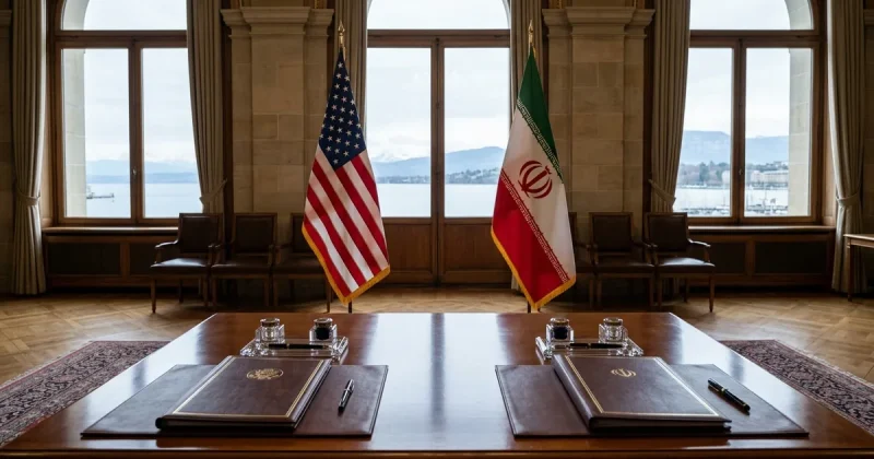 The United States and Iranian national flags flank a wooden table set with two leather signing folders and pens in a formal room overlooking Lake Geneva