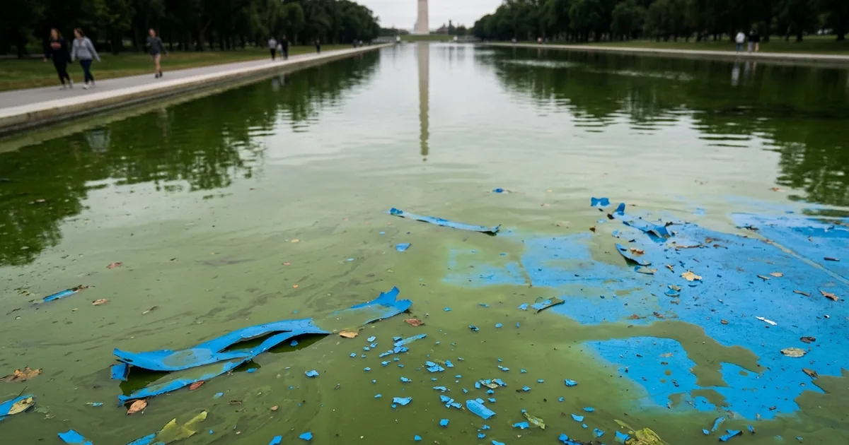 Strips of blue paint float on the green algae-clouded water of the Lincoln Memorial Reflecting Pool, with the Washington Monument reflected in the distance