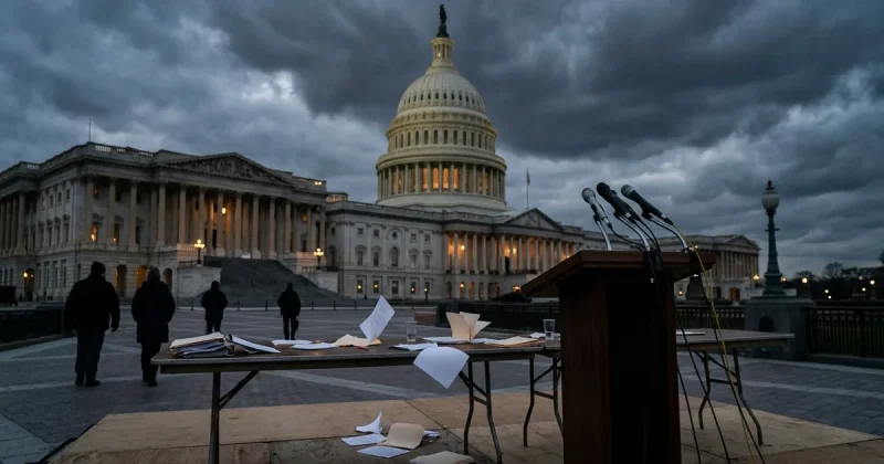 U.S. Capitol building at dusk with scattered papers on a table and empty podium with microphones in the foreground under dark storm clouds
