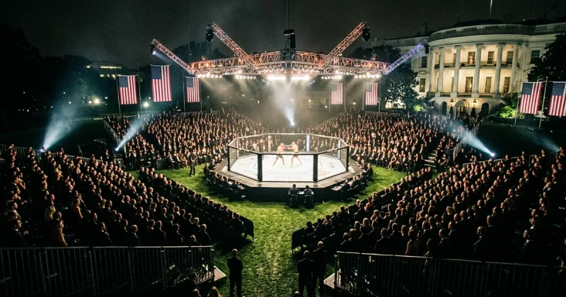 Illuminated UFC octagon on a government lawn at night with American flags and a massive crowd