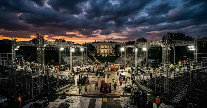 Construction workers building a large event structure on the White House South Lawn under dramatic sunset sky