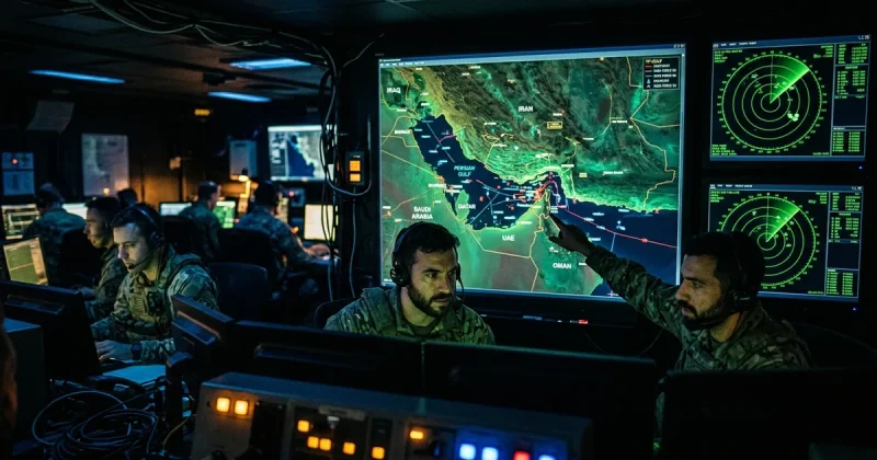 Military personnel in a darkened operations center monitoring radar screens and a tactical map of the Persian Gulf