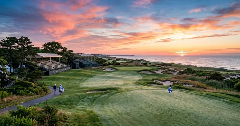 Coastal golf course at sunrise with green fairways, sand bunkers, spectator grandstands, and a dramatic golden sky over the ocean