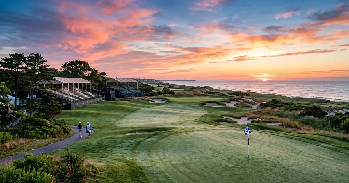Coastal golf course at sunrise with green fairways, sand bunkers, spectator grandstands, and a dramatic golden sky over the ocean