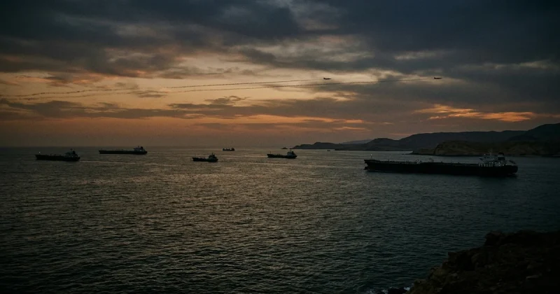 Oil tankers silhouetted in the Strait of Hormuz at dusk with military aircraft contrails overhead