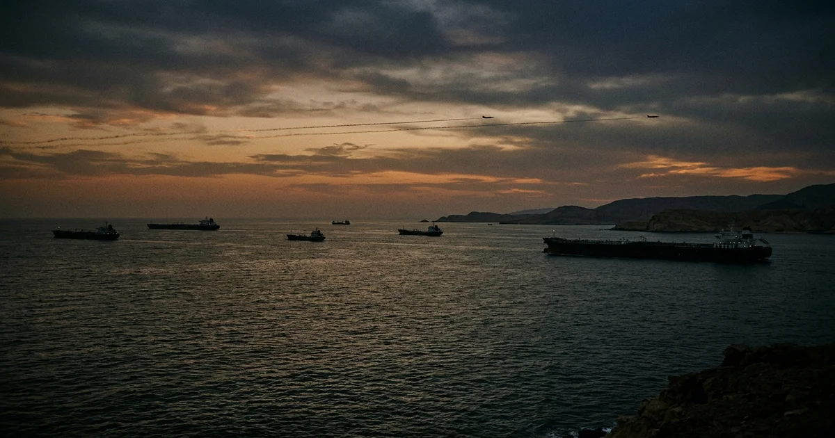 Oil tankers silhouetted in the Strait of Hormuz at dusk with military aircraft contrails overhead