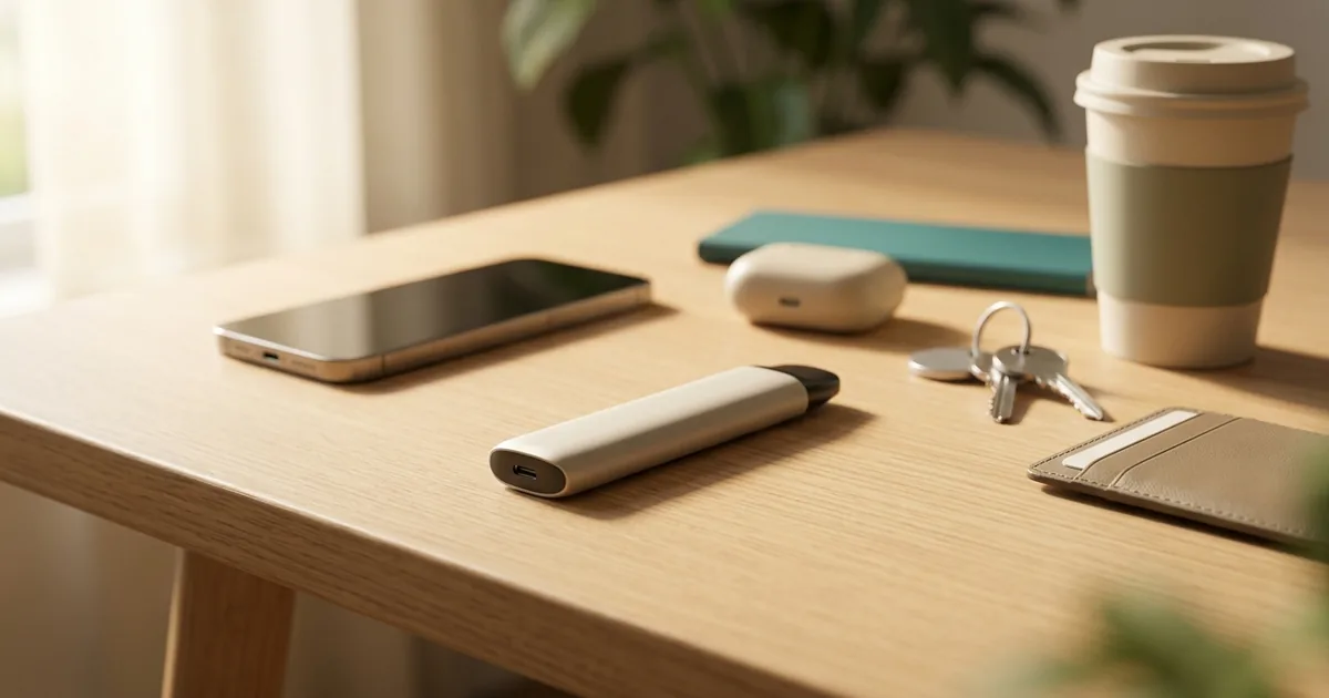 Slim unbranded pod-style vape device on a light wooden desk beside a smartphone, wireless earbuds, keys, a coffee cup and a leather cardholder in warm morning light