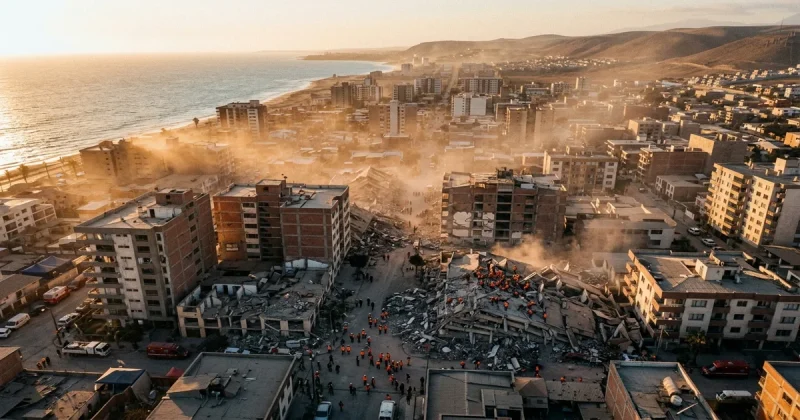 Aerial view of a devastated coastal city after an earthquake with collapsed buildings and rescue workers searching through rubble
