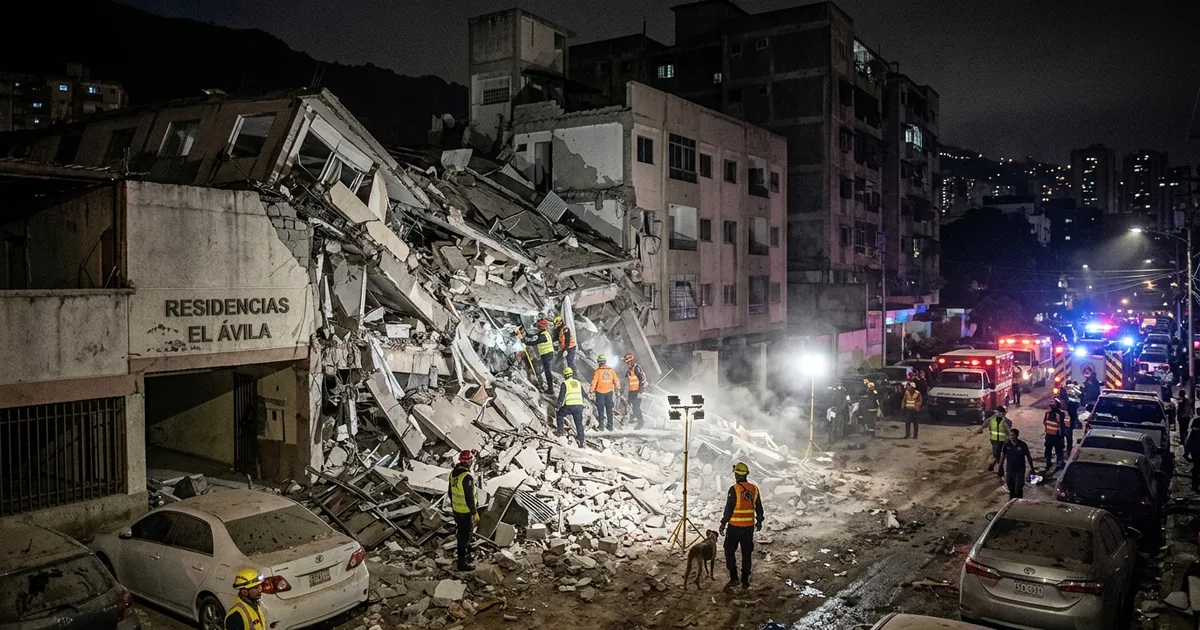 Rescue workers with floodlights search a collapsed apartment building at night after twin earthquakes in Venezuela