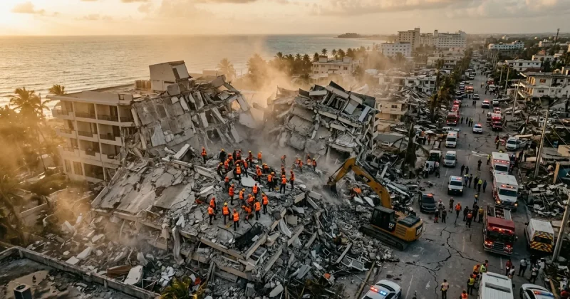 Rescue workers in orange vests searching through rubble of a collapsed multi-story hotel in a coastal city after a major earthquake