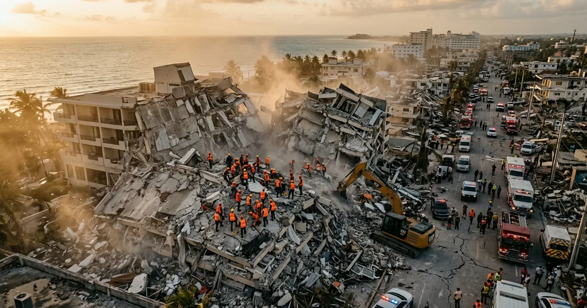 Rescue workers in orange vests searching through rubble of a collapsed multi-story hotel in a coastal city after a major earthquake