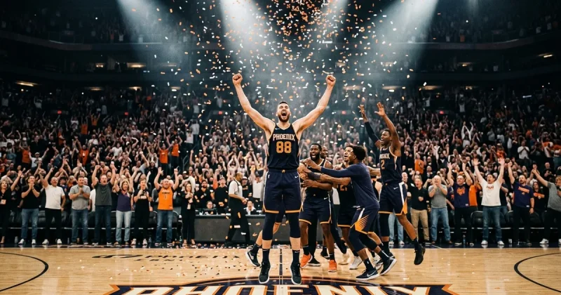 Tall basketball player celebrating with arms raised at center court as confetti falls during playoff game