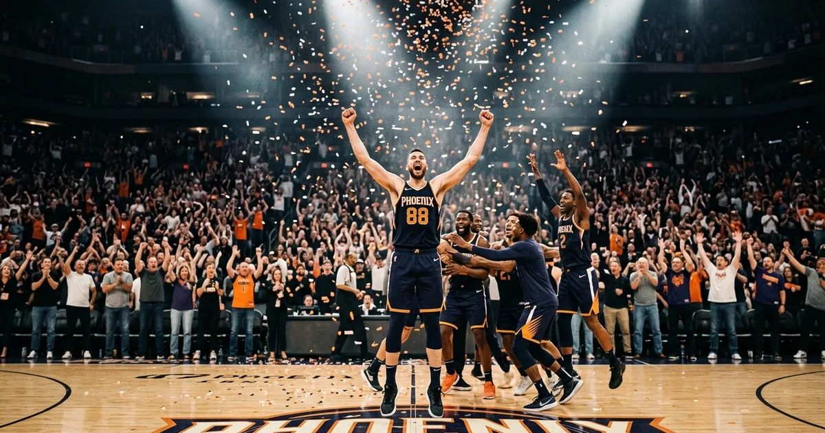Tall basketball player celebrating with arms raised at center court as confetti falls during playoff game