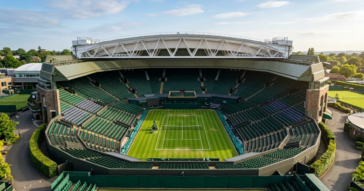 Aerial view of Centre Court at Wimbledon with pristine green grass and retractable roof open before Day 1
