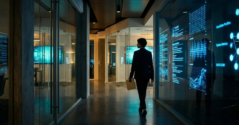 Silhouette of a person walking through a corporate office hallway with AI data screens