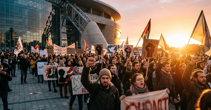 A large crowd of protesters with raised fists and banners gathered outside a modern stadium at sunset