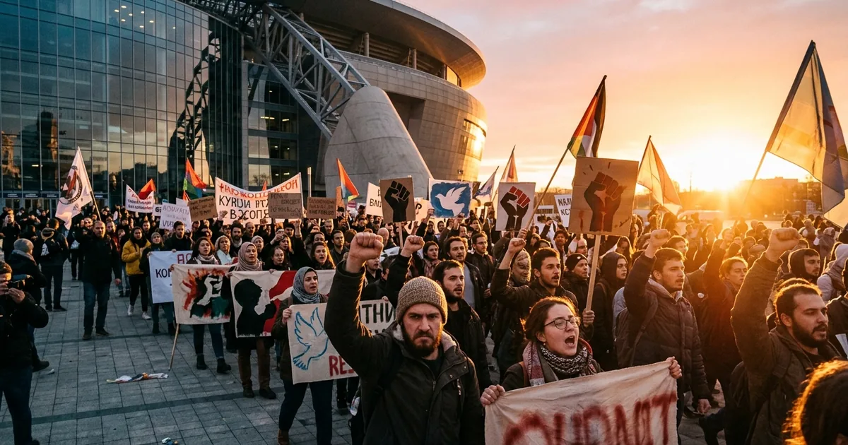 A large crowd of protesters with raised fists and banners gathered outside a modern stadium at sunset
