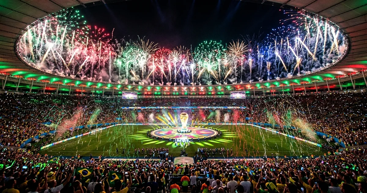 Packed football stadium with fireworks, confetti, and colorful lighting during a World Cup opening ceremony