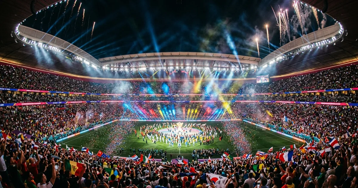 Packed soccer stadium at night during a World Cup opening ceremony with colorful lights and confetti