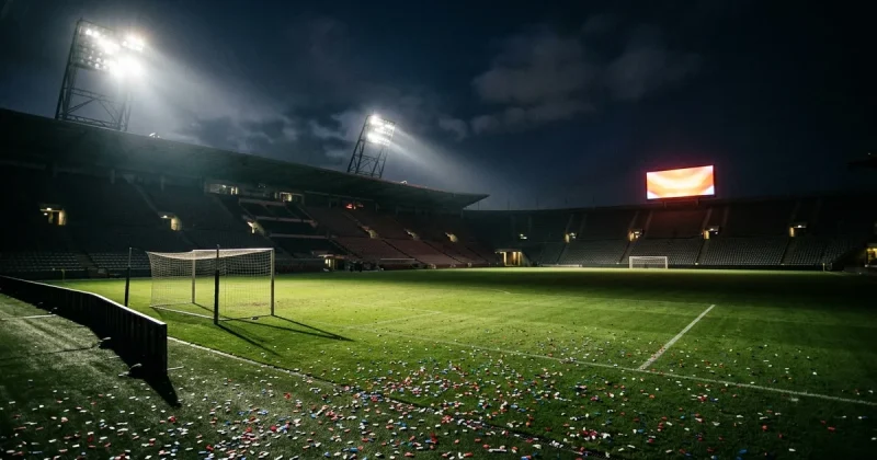 Empty floodlit soccer stadium at night with confetti scattered on the pitch after a World Cup match