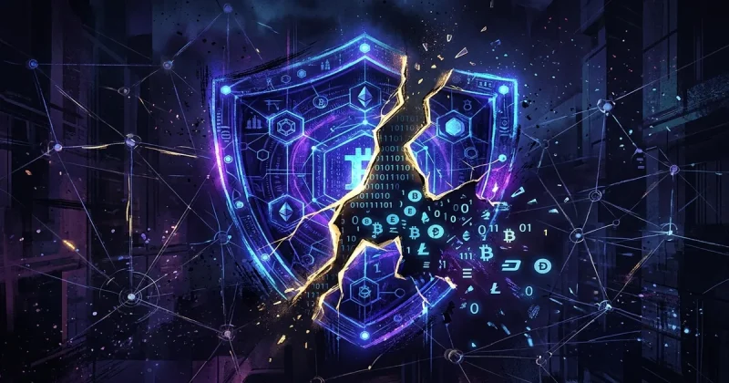 A cracked glowing digital shield representing a cryptocurrency security vulnerability discovered by AI
