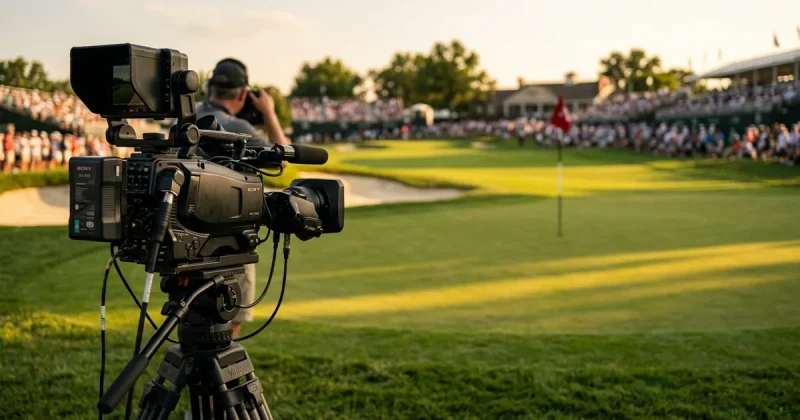 Professional television broadcast camera on a tripod pointed across a championship golf green with a red flagstick and blurred gallery at sunset