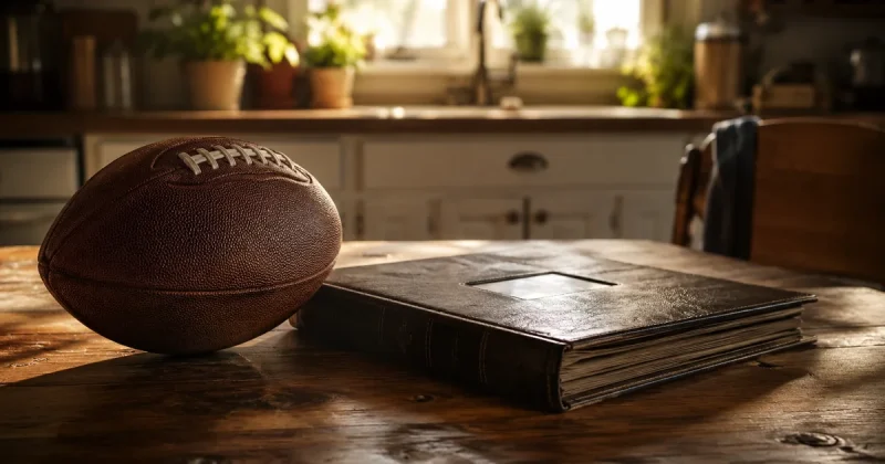 NFL football and family photo album on a kitchen table in warm natural light