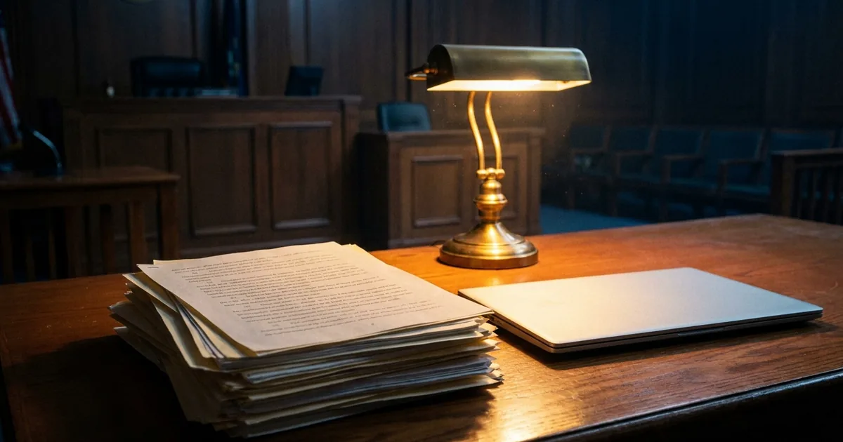 A thick stack of printed legal briefs lit by a brass banker's lamp on a counsel table in a dark empty courtroom, closed laptop beside it