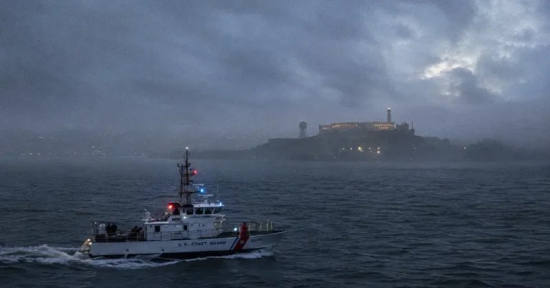 Coast Guard search vessel with emergency lights on choppy San Francisco Bay waters near Alcatraz Island under overcast skies