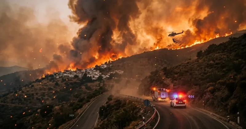Wildfire burning across a hillside behind a whitewashed Andalusian village at dusk, with emergency vehicles on a winding mountain road and a firefighting helicopter overhead