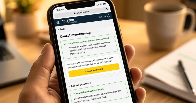 Smartphone showing Amazon Prime membership cancellation page with refund confirmation on a home desk