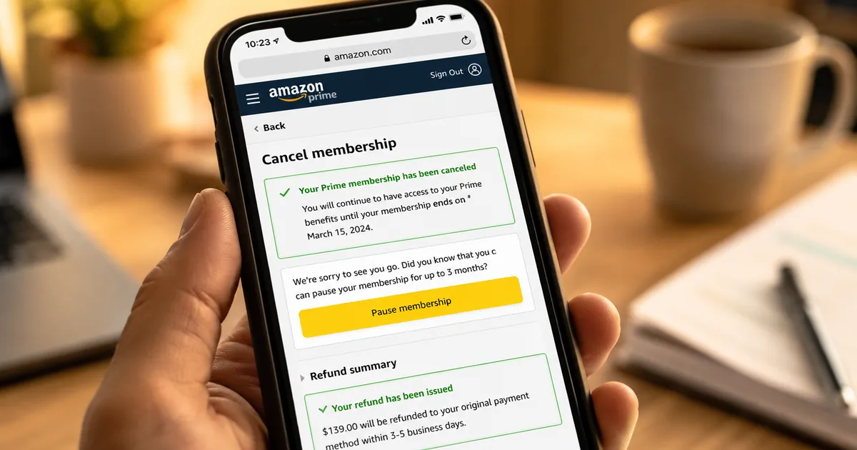 Smartphone showing Amazon Prime membership cancellation page with refund confirmation on a home desk