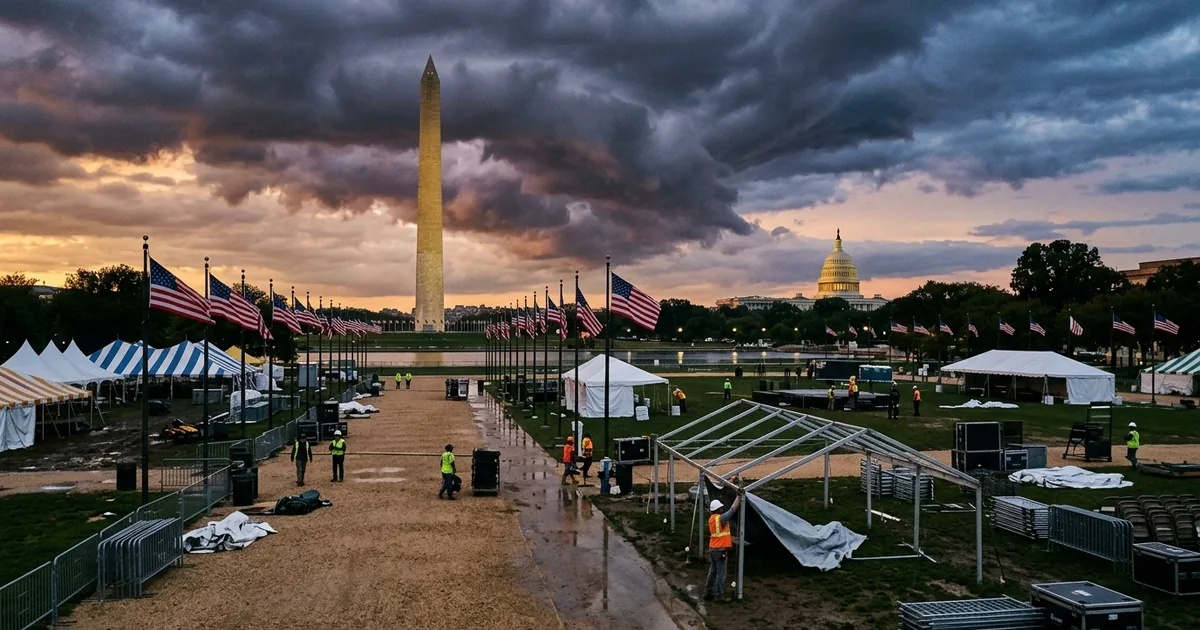 National Mall at dusk with event staging tents being set up amid storm clouds with Washington Monument and Capitol in background