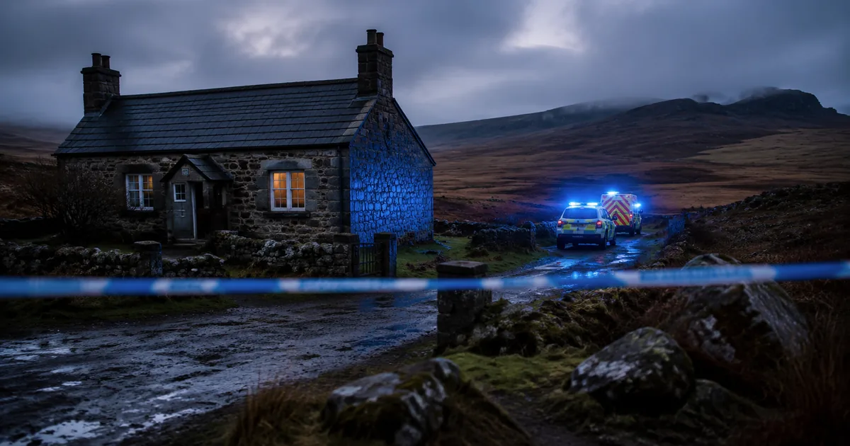 Police cordon tape stretched across a moorland path near a stone cottage in Haytor Vale, Dartmoor, Devon, with emergency vehicle lights reflecting on stone walls at dusk