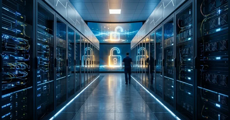 Futuristic data center corridor with blue lighting and a holographic unlocking padlock icon