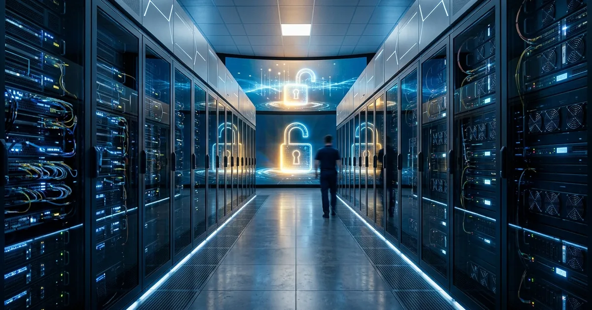 Futuristic data center corridor with blue lighting and a holographic unlocking padlock icon