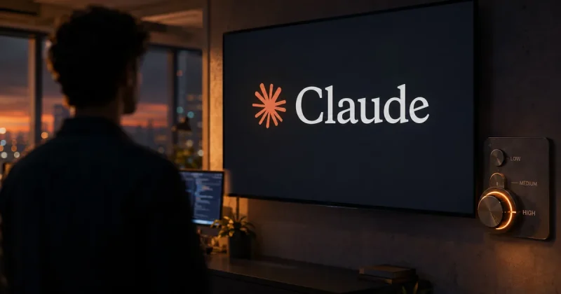 A wall display showing the Claude logo beside a hardware dial labeled low, medium and high, with a developer silhouetted in front of it