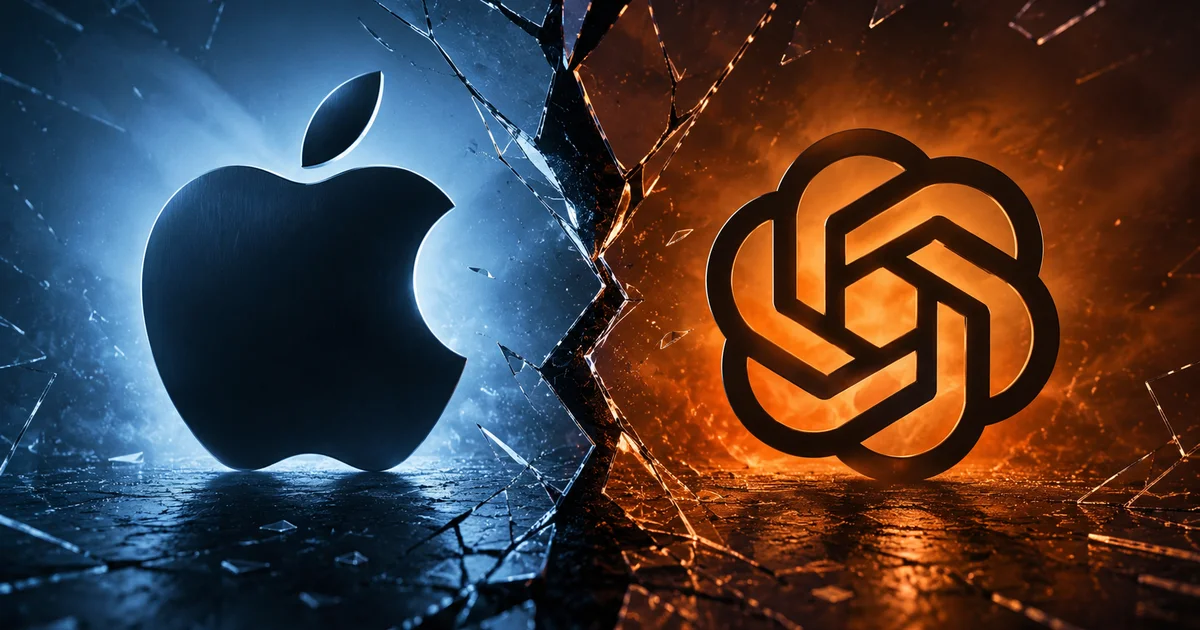 Split composition showing Apple and OpenAI in opposing colors separated by shattered glass
