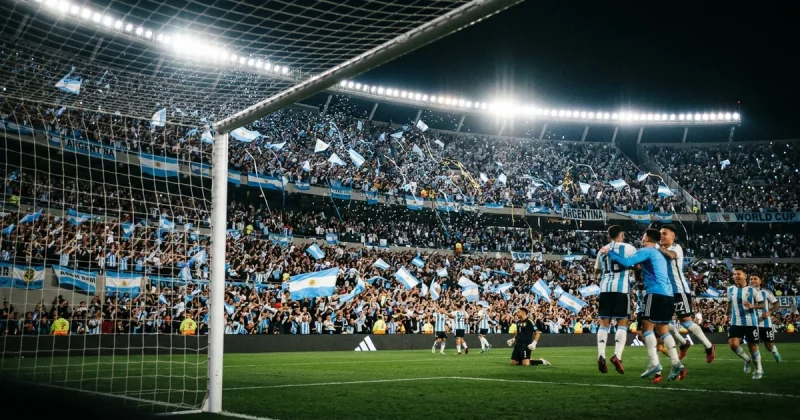 Argentina fans celebrating with blue and white flags in a packed World Cup stadium at night